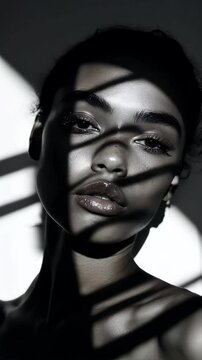 Beautiful young woman with flawless skin poses gracefully, showcasing moving shadows across her face. Dark brown eyes and full lips enhance her striking features in an artistic setting