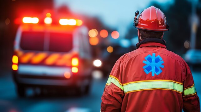Emergency responder in red uniform observing a scene with flashing ambulance lights.
