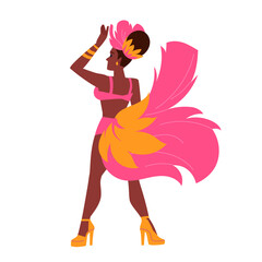 Samba dancer dancing at Brazilian carnival party, back view. Girl in pink tropical bird costume with tail and feathers standing with hand up in latin glamour dance pose cartoon vector illustration