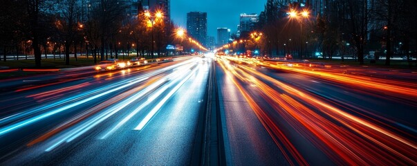 Long exposure of car lights at night on city streets. Generative AI