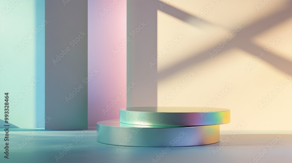 Poster iridescent color podium pedestal and product stand 3d render designed for showcasing items with an e