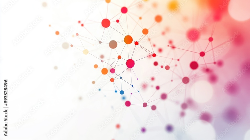 Poster vibrant network of connected nodes featuring colorful dots against a softly blurred white backdrop