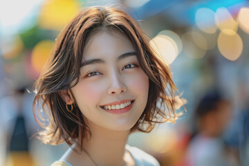 Obraz premium Happy young Asian woman organizing urban lifestyle group play and talk friendship day.