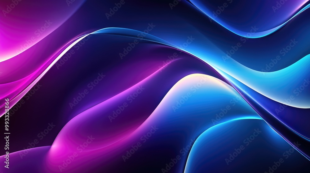 Poster abstract background featuring a gradient of blue and purple hues smoothly shaped curves and glowing 