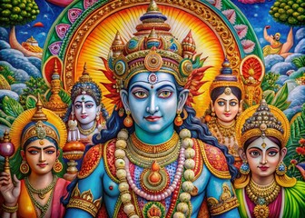 Fototapeta premium Intricate Hinduism Drawings Featuring Deities, Symbols, and Spiritual Concepts in Vibrant Colors