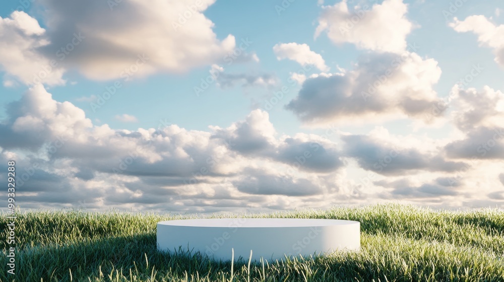 Poster abstract 3d render of a white podium set against a grassy field with clouds and sky ideal for showca