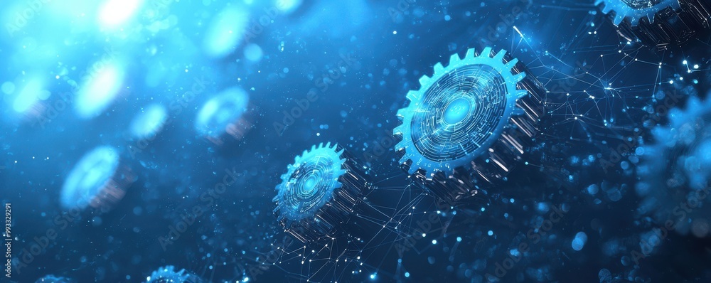Aufkleber futuristic background featuring interconnected blue gears and digital networks in a high-tech enviro