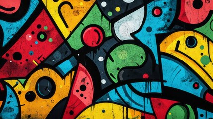 Obraz premium Bold abstract graffiti-inspired artwork with vibrant red, yellow, blue, and green geometric shapes layered over a black background, creating a dynamic street art aesthetic. AI generative.