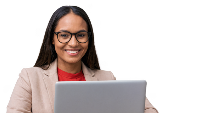 Smiling Professional Woman Holding Laptop on Transparent Background – Business Concept