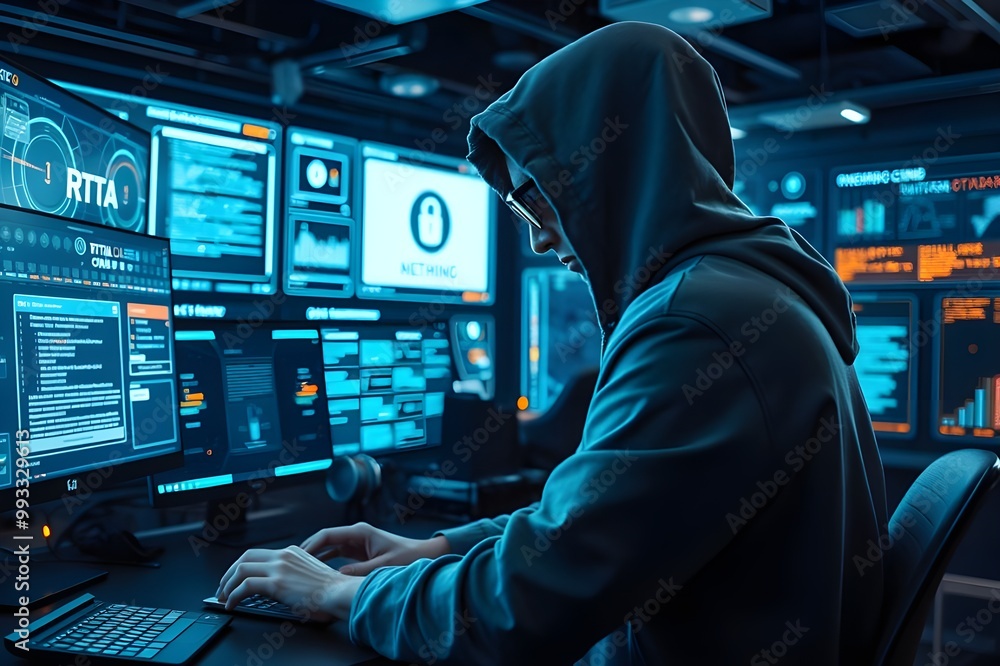 Poster a hacker leans back in their chair, surrounded by an immersive tech setup.
