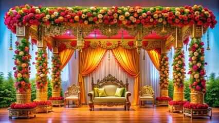 An elegant traditional mandap, beautifully adorned with flowers and exquisite decorative elements, creates a stunning backdrop for unforgettable wedding ceremonies and memories to cherish.