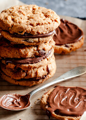 Chocolate chip cookie with chocolate spread filling stacked