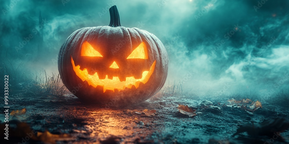 Canvas Prints A jack-o'-lantern glows ominously in a foggy forest.