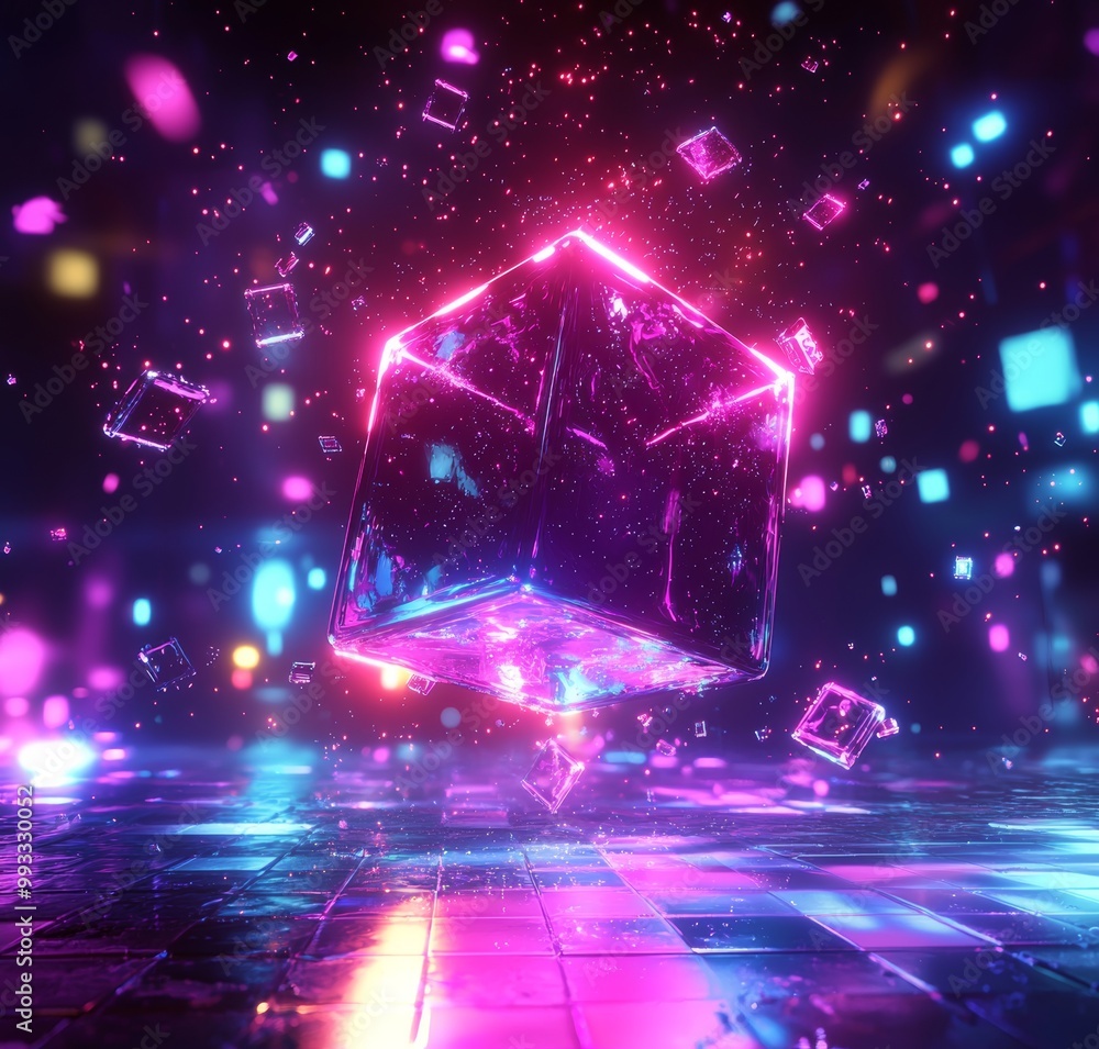 Poster creating small cubes with blocks, a blockchain technology concept