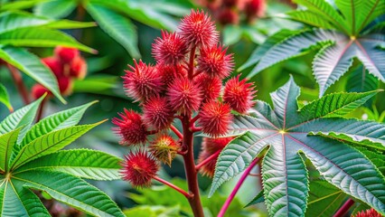 Castor, white background, glossy, leaves, botanical, red, vibrant, plant, Castor Bean plant with glossy green leaves and vibrant red seed pods isolated on a white background