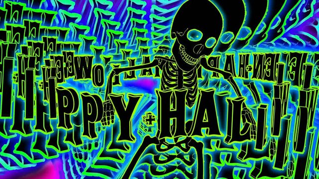 Seamless funny animation of dancing skeleton with Halloween text in cartoon style with rainbow echo effect.