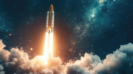 Naklejka premium Rocket launches successfully with a powerful blast and clouds of smoke embarking on a mission into the star filled sky A significant moment for space exploration and the journey to new frontiers