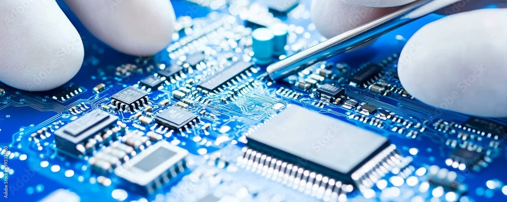 Poster scientists in the university work with the new technology computer chip