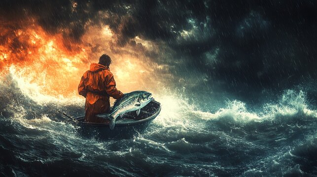 Fisherman battling stormy seas with a freshly caught fish.