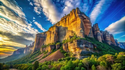 Naklejka premium A stunning cliff ascends sharply, contrasting vividly with the bright blue sky, highlighting the magnificence of natural geological formations in an awe-inspiring display.