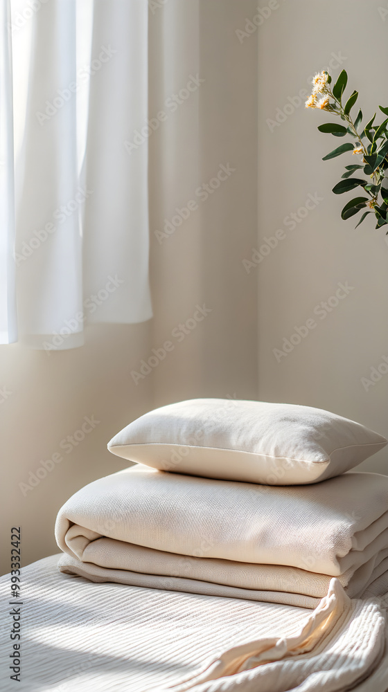 Poster a meditation cushion and a soft blanket are neatly folded, creating a serene and inviting atmosphere