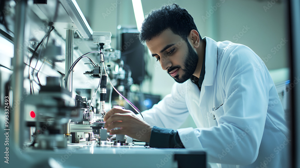 Poster a middle eastern male engineer focuses intently on intricate machinery while working in a lab, showc