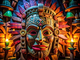 Fototapeta premium Intricately Carved Mayan Wooden Mask Showcasing Traditional Cultural Patterns and Symbolism