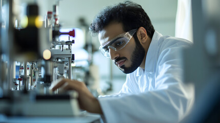 A middle eastern male engineer focuses intently on machinery in a lab, wearing safety goggles and a white lab coat, demonstrating precision and dedication