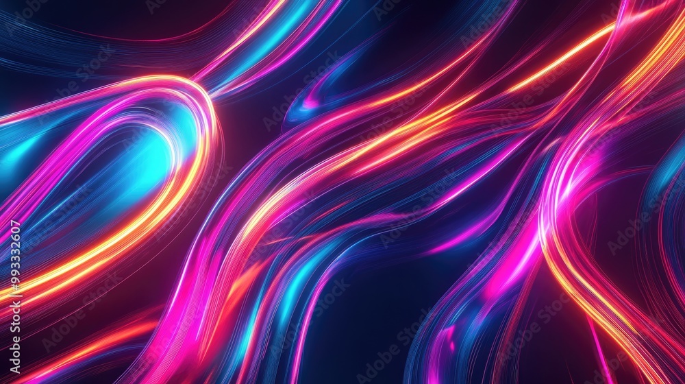 Poster 3d rendering of an abstract neon wallpaper featuring vibrant dynamic lines against a dark background