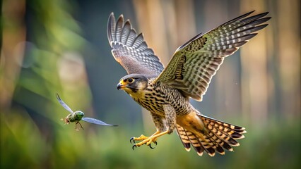 Fototapeta premium Falco subbuteo, predator, dragonfly, A stunning stock photo of a Eurasian Hobby falcon Falco subbuteo captured in a forced perspective shot as it gracefully catches a dragonfly in mid air