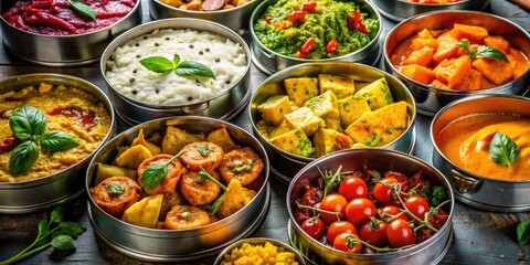 A traditional tiffin box bursting with colors, offering a variety of delicious homemade meals in well-separated compartments, perfect for enjoying diverse Indian flavors together.