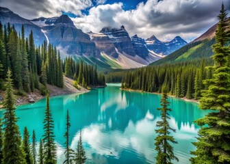 Glacier-fed lake glimmers turquoise, surrounded by spruce trees darkened by afternoon shade.