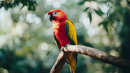 Obraz premium A parrot perched elegantly on a wooden branch in a soft blur of green hues showcasing its vibrant feathers and a serene natural setting