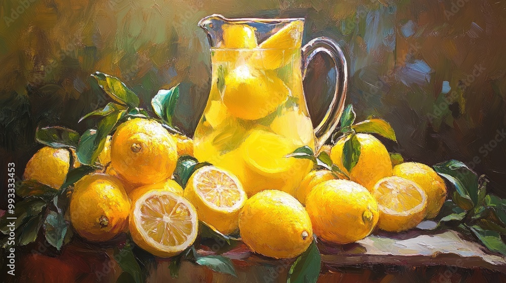 Poster vibrant lemons encircle a pitcher of refreshing lemonade creating a warm and inviting ambiance fille