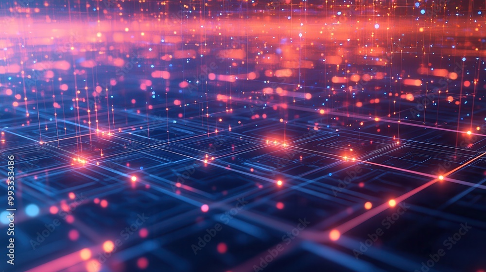 Poster abstract blue and orange digital network connection background with glowing lights.