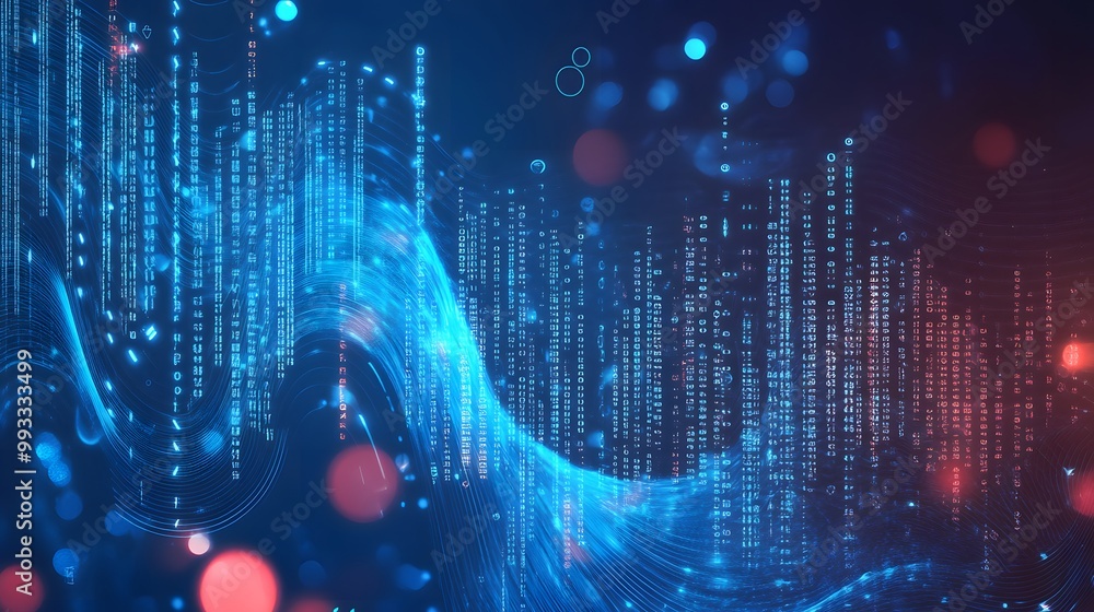 Poster abstract digital data flow with blue and red glowing lines and bokeh effect