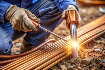 electrical equipment, electric current, occupational safety, grounding system, A close up view of a technician using a welding tool to secure a copper ground wire onto a ground rod
