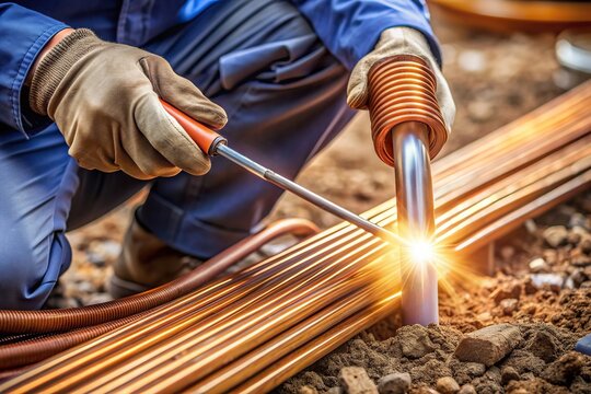 electrical equipment, electric current, occupational safety, grounding system, A close up view of a technician using a welding tool to secure a copper ground wire onto a ground rod