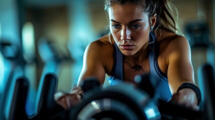 Fototapeta premium Young woman using exercise bike at the gym. Fitness female using air bike for cardio workout at crossfit gym