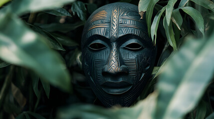 A single ancestral african mask partially hidden among lush green leaves creating a mysterious atmosphere