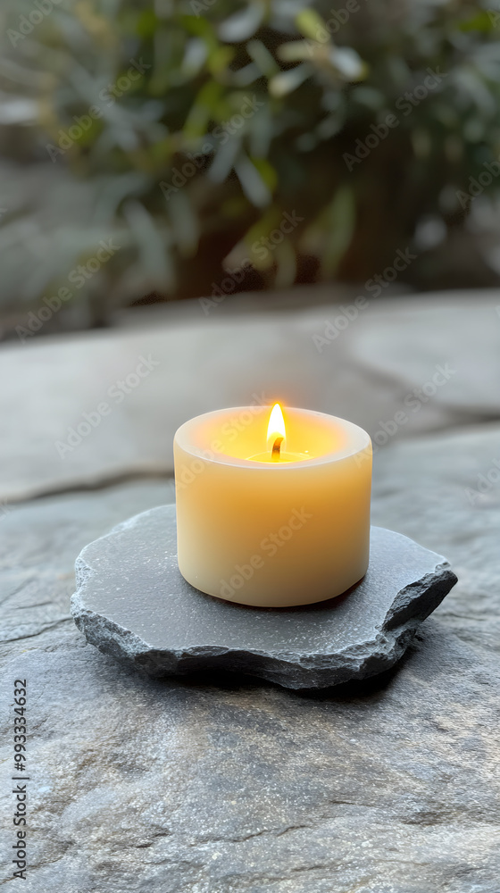 Poster a single lit candle resting on a smooth stone surface creates a serene and calming atmosphere in a n