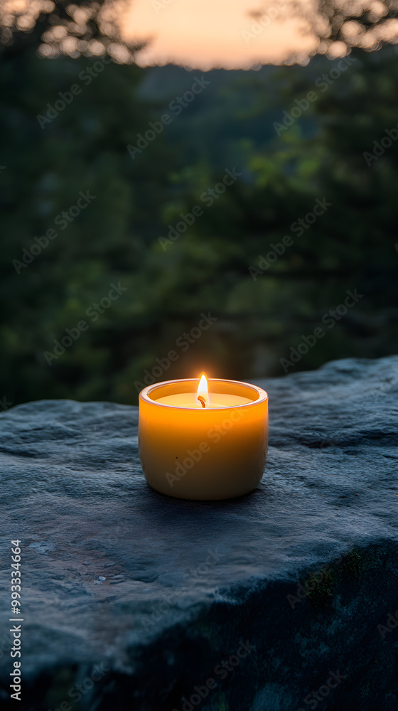 Poster a single lit candle placed on a smooth stone surface has a warm glow, creating a serene atmosphere a