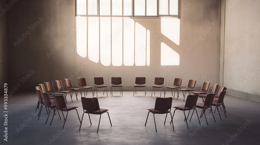Poster a stark image of an empty space with chairs arranged in a circle casting soft shadows on the walls