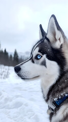 A striking profile of a Siberian husky with bright blue eyes against a snowy landscape showcasing its beautiful fur and distinct features