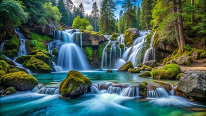 Turquoise waterfalls cascade amidst moss-draped boulders, surrounded by sentinel evergreens standing guard.