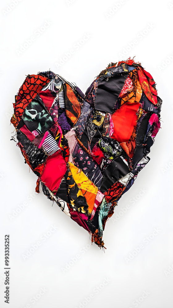 Poster an abstract shape of a heart created with colorful fabric pieces showcasing creativity and texture