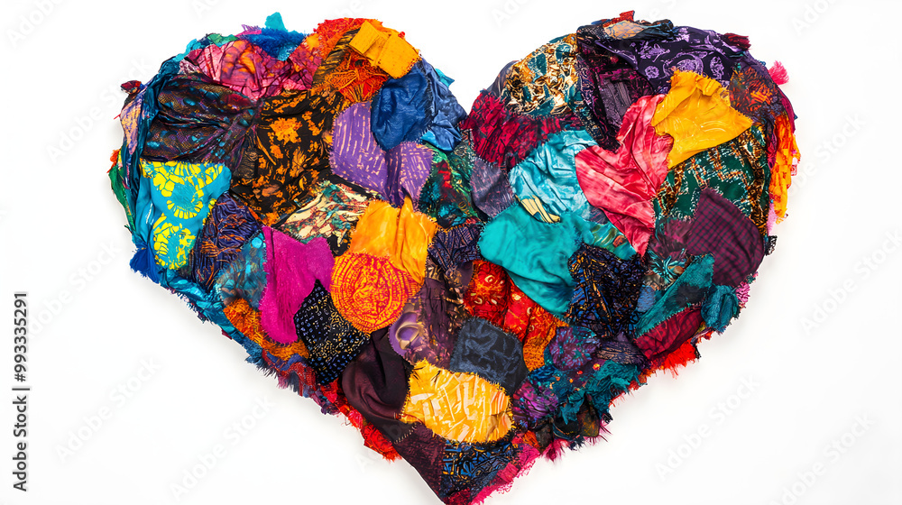 Poster an abstract shape of a heart created with colorful fabric pieces showcasing a vibrant and artistic d