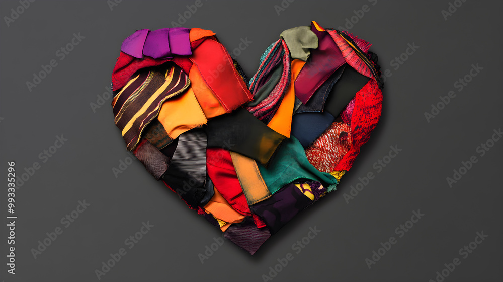 Aufkleber an abstract shape of a heart created with colorful fabric pieces showcasing texture and warmth