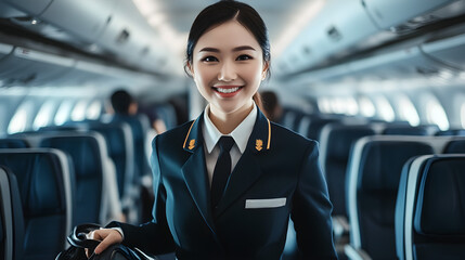 A young smiling asian female flight attendant stands confidently in an airplane aisle, showcasing professionalism and warmth with her friendly demeanor