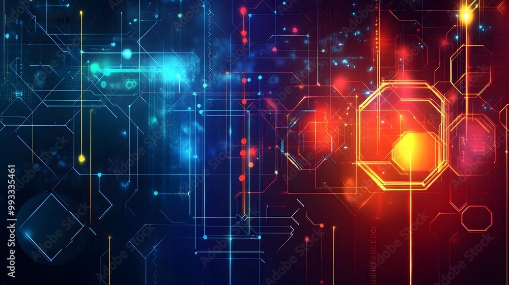 Poster abstract digital technology background with glowing lines and shapes